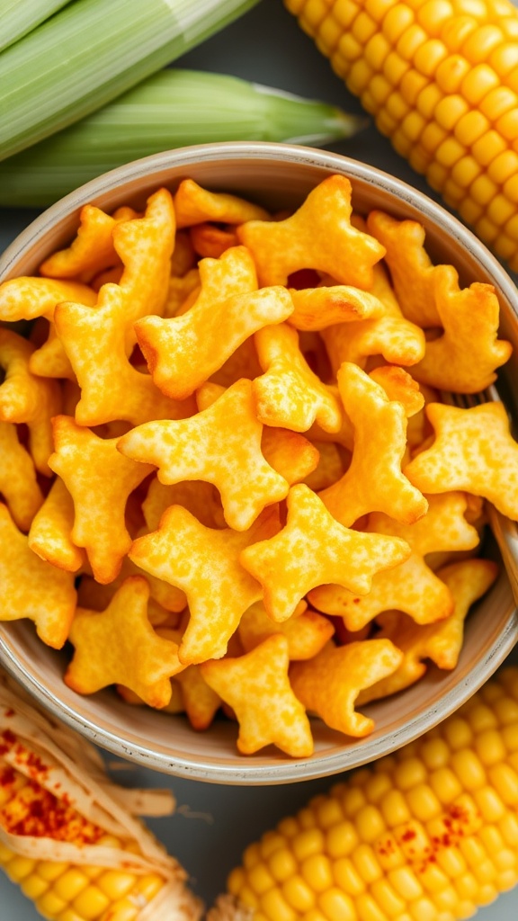 A bowl of crispy corn snacks, golden and crunchy, with fresh corn cobs beside it.